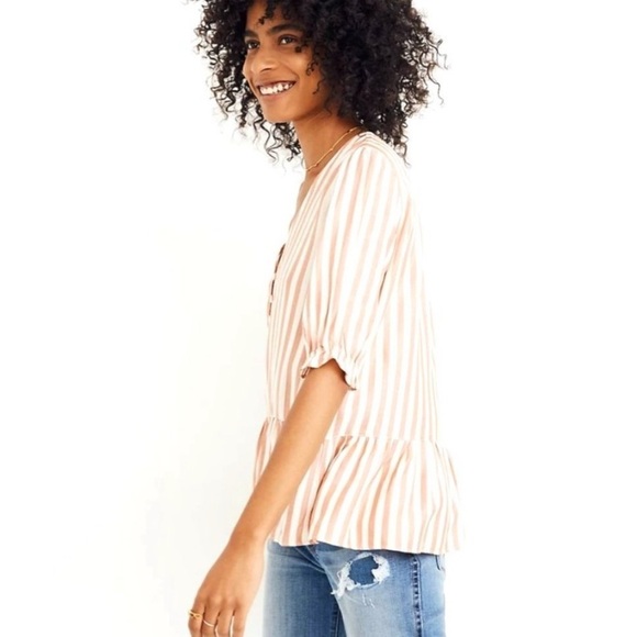 NWT Madewell Courtyard Ruffle Hem Peplum Striped Top Blush Size S - Picture 3 of 7